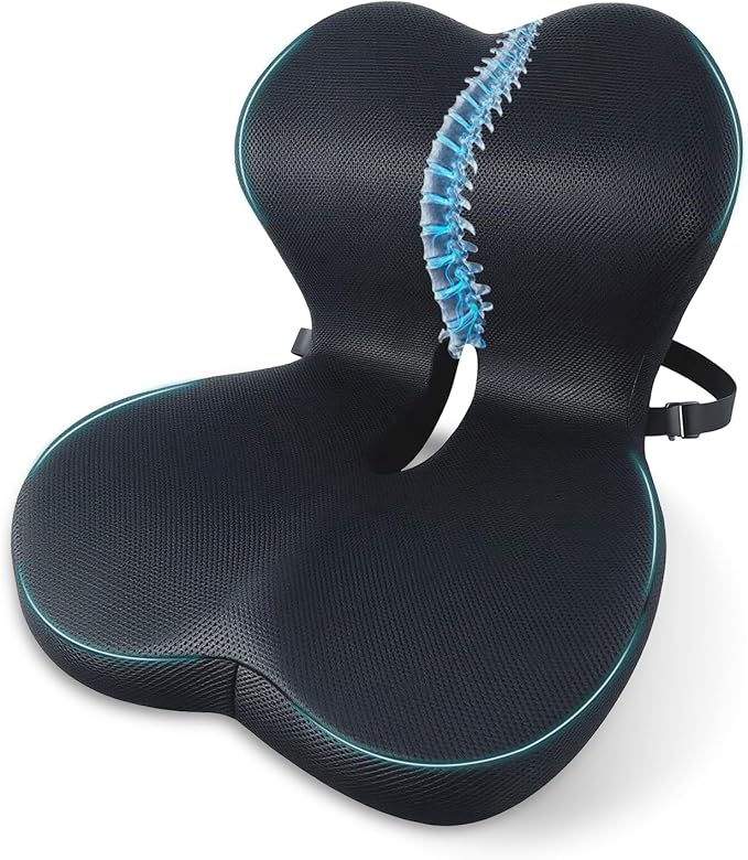 Memory Foam Seat Cushion,Office Chair Cushion with Lumbar Support for Back Pressure Relief, Car Seat Cushion with Adjustable Strap,Sciatica Pad Cushions for Car,Truck, Desk (C-Black+Mesh Cloth)