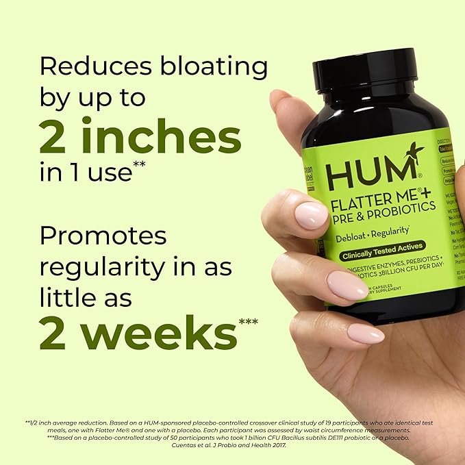 HUM Flatter Me Digestive Enzymes for Women & Men, Digestive Health Bloating Supplement with Ginger & Peppermint Leaf, Fast Acting Anti Bloat Pills Multi Enzyme for Debloating, Vegan,180 Capsules