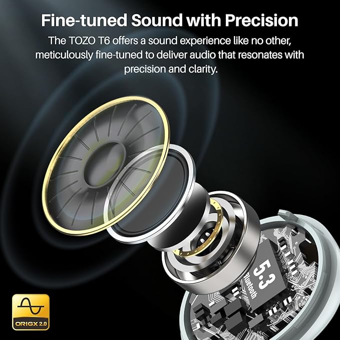 TOZO T6 Wireless Earbuds, IPX8 Waterproof Ear Buds, Stereo Bass Sound Bluetooth 5.3 Headphones in Ear, 50 Hours Playtime Earphones, Wireless Charging Case, Custom 32 EQ via APP
