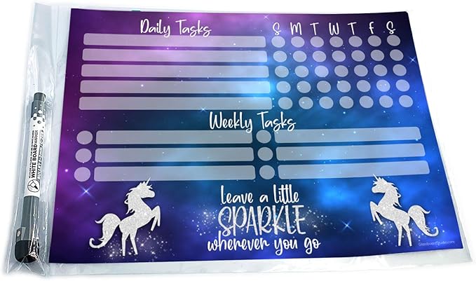 Dry Erase Whiteboard Task Planner | Removable and Restickable Adhesive Decal | Fine-Tip Magnetic Marker Included (9 x 12 inches, Unicorn Sparkle)