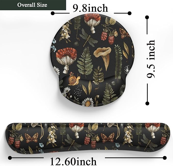 Plant Mushroom Mouse Pad Black Aesthetic Ergonomic Desk Pad Wrist Support Keyboard Wrist Rest Set, Mouse Pad with Non-Slip Pu for Office Comfortable Mouse Wrist Rest for Easy Typing & Pain Relief.