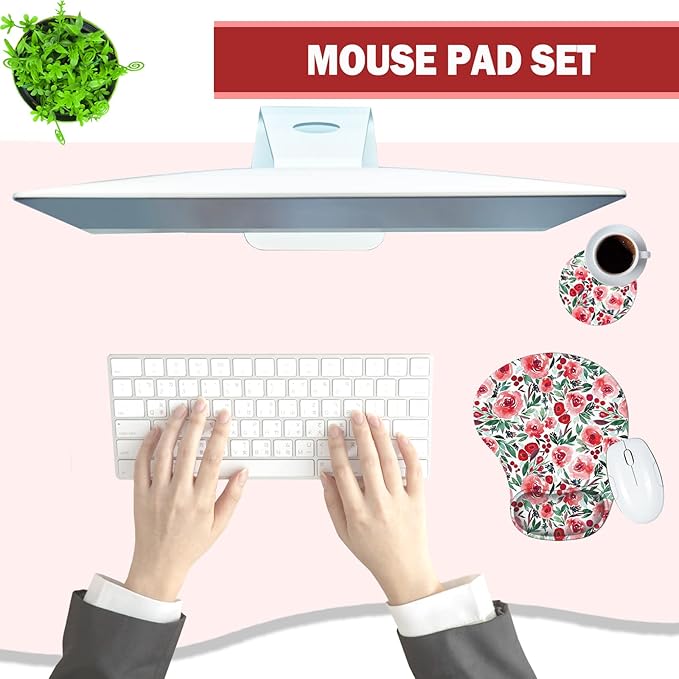 Mouse Pad with Wrist Support, TuLuLu Ergonomic Gel Wrist Rest Pad with Non-Slip PU Base，Comfortable Computer Mouse Pad for Laptop Gaming Office Home Easy Typing & Pain Fatigue Relief, Red Flowers