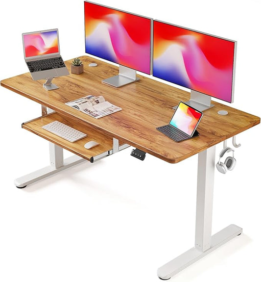 FEZIBO Standing Desk with Keyboard Tray, 55 x 24 Inch Adjustable Height Sit Stand Desk with Memory Presets for Home Office, Ergonomic Computer Workstation, Light Rustic