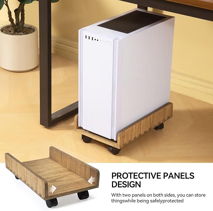 KIRIGEN Computer Tower Stand Cart - Heavy Duty Desktop Mobile Cart Holder for Computer Host with 4 Mute Caster Wheels - Wood Rolling ATX PC Case Rack, CPU Case Protecting Shelf (ZJJ Dark Brown)