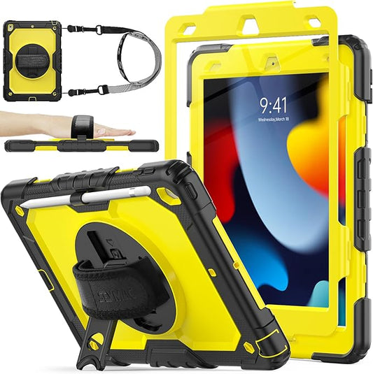 SEYMAC stock Case for iPad 9th/ 8th/ 7th Generation 10.2'', Shockproof with Screen Protector, Pencil Holder [360° Rotating Hand Strap] & Stand, for iPad 10.2 inch 2021-2019 (Yellow+Black)