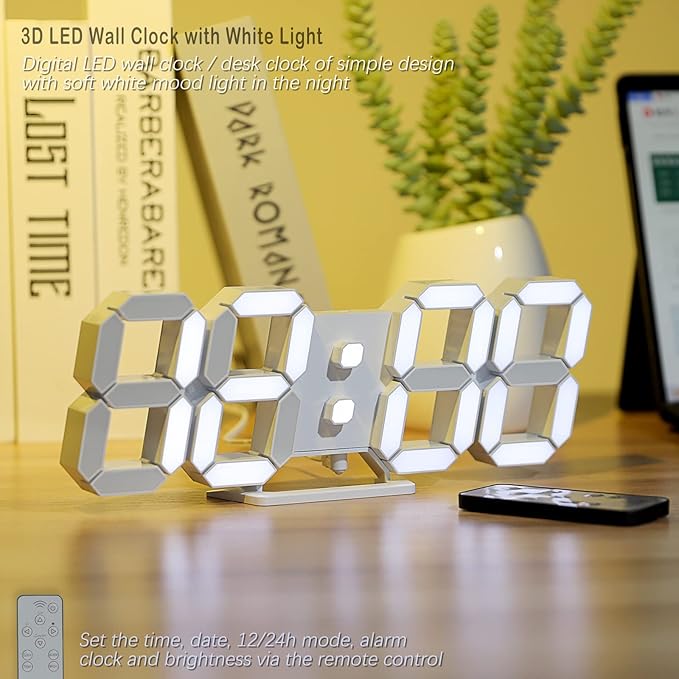 KOSUMOSU 3D LED Digital Wall Clock ,9.7", Large Display Table/ Desk Clock with Remote Control 12/24H Temperature (White Light)