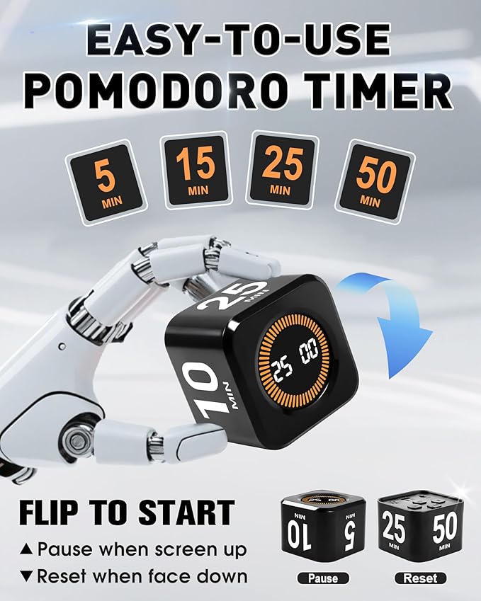 Pomodoro Timer Cube for Productivity — 5/25/10/50 Minutes Preset, Digital Gravity Sensor Desk Visual Timer for ADHD, Silent Mode, Ideal for Office, Study, Kitchen & Kids