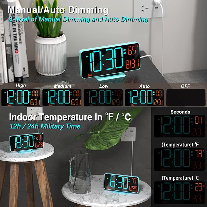 KOSUMOSU Alarm Clocks for Bedrooms, 6.7in Digital Clock, Auto Dimming, Room Temperature, Day of The Week, Seconds, Date, Digital Clocks for Living Room, Desk Clock for Bedroom