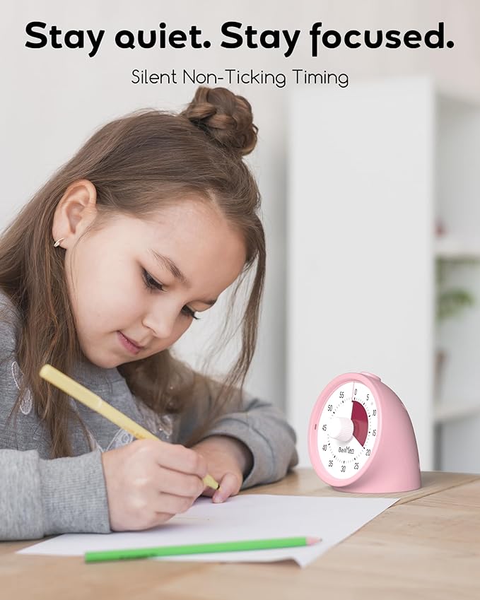 Visual Timer for Kids with Pause Button, 60-Minute Countdown Timer with Silent Operation, Desk Pomodoro Timer Kid Time Management Tools for Classroom, Office and Kitchen, Pink