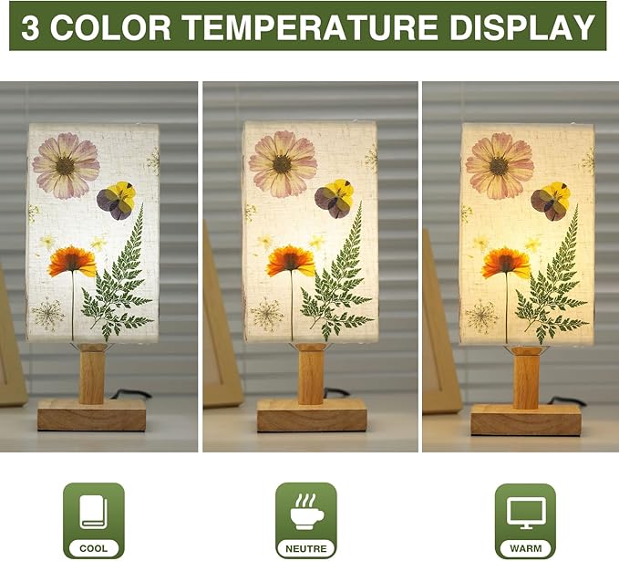 Dried Flowers Table Lamp 5W LED 3Color Temperatures Pressed Flower Bedside Lamp Square Linen Shade with Wood Base for Bedroom Living Room