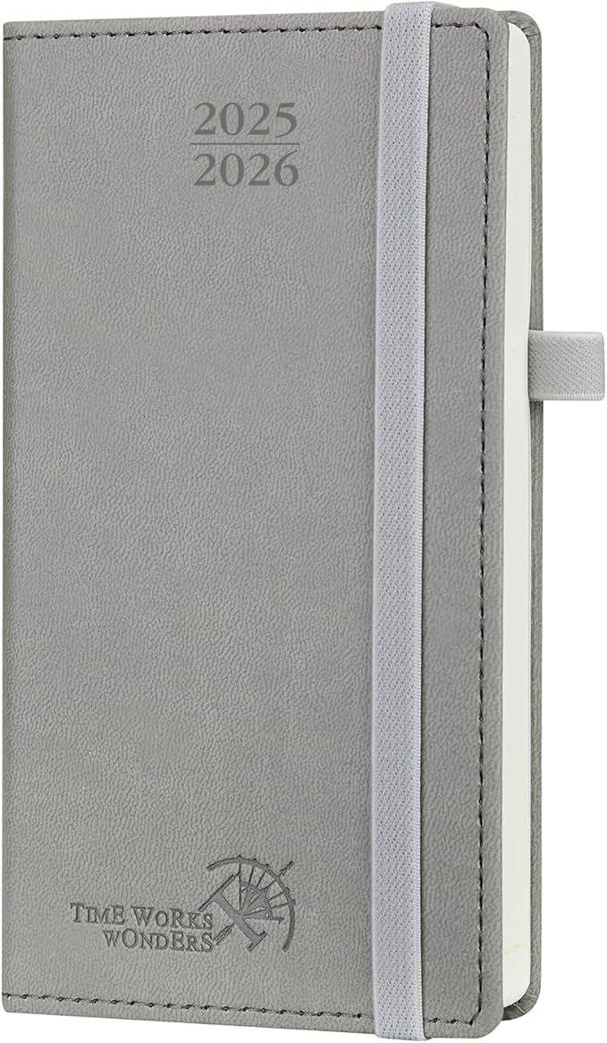 POPRUN Pocket Planner 2025-2026 (Slim Size 3.5'' x 6.5'') 17 Months Academic Calendar (Aug.2025 - Dec.2026), Weekly Appointment Book with Vegan Leather Hard Cover - Grey