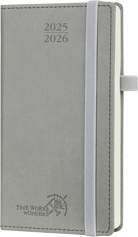 POPRUN Pocket Planner 2025-2026 (Slim Size 3.5'' x 6.5'') 17 Months Academic Calendar (Aug.2025 - Dec.2026), Weekly Appointment Book with Vegan Leather Hard Cover - Grey