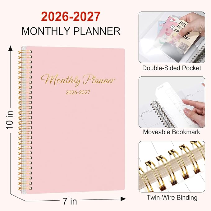 GNL Monthly Planner 2026-2027, 2 Year(27 Months) Calendar Planner, Oct. 2025 - Dec 2027, 7" x 10" Monthly Spreads & Yearly Planner, Perfect for School Office Home Planning, Pink