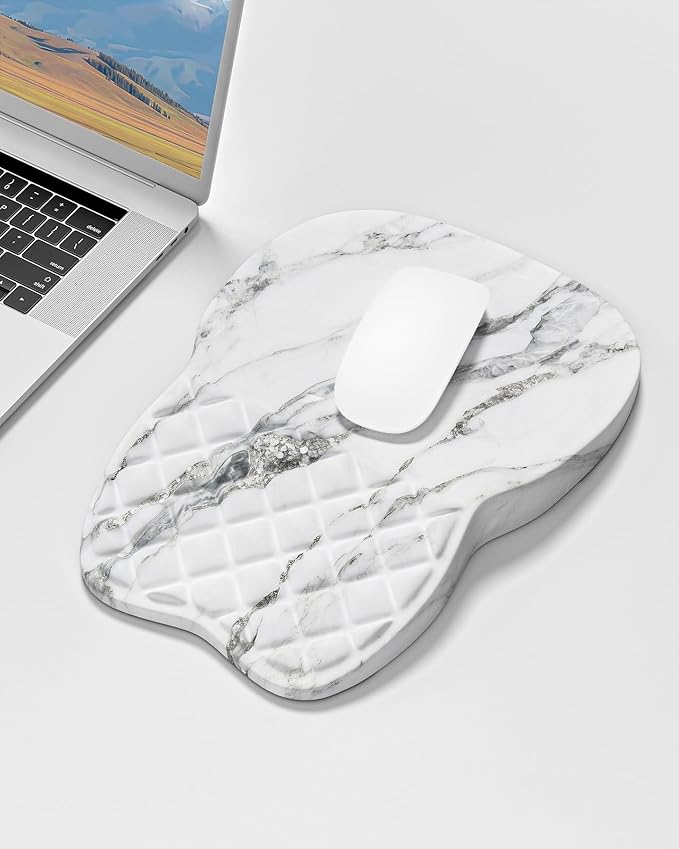 Auhoahsil Ergonomic Mouse Pad with Wrist Rest, Comfortable Slope Computer Mouse Mat with Wrist Support, Memory Foam Filling, Non-Slip Silicone Base, Pain Relief for Gaming Work, 8" x 12", White Marble