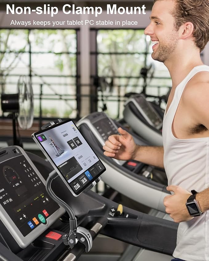 woleyi Gooseneck Treadmill Tablet Holder, Exercise Bike Handlebar Clamp for Spin Bike Peloton, Indoor Stationary Bicycle, Elliptical, Stroller for 4.7-13" iPad Pro Air Mini, Phone, Galaxy, Fire, Ebook