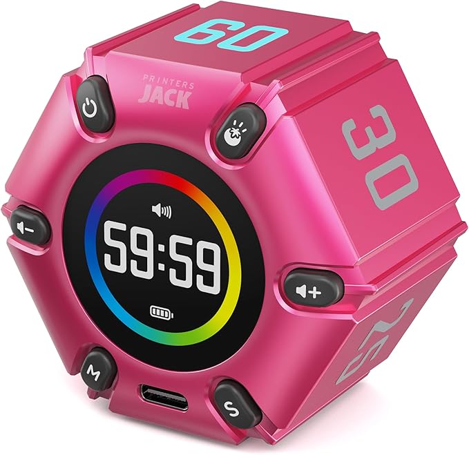 Printers Jack, Visual Pomodoro Timer, Productivity Cube Timer, Mute & Vibration & Adjustable Sound Alert, for Office, ADHD, Study, Work, 3/5/10/25/30/60min & Custom Countdown - Hot Pink