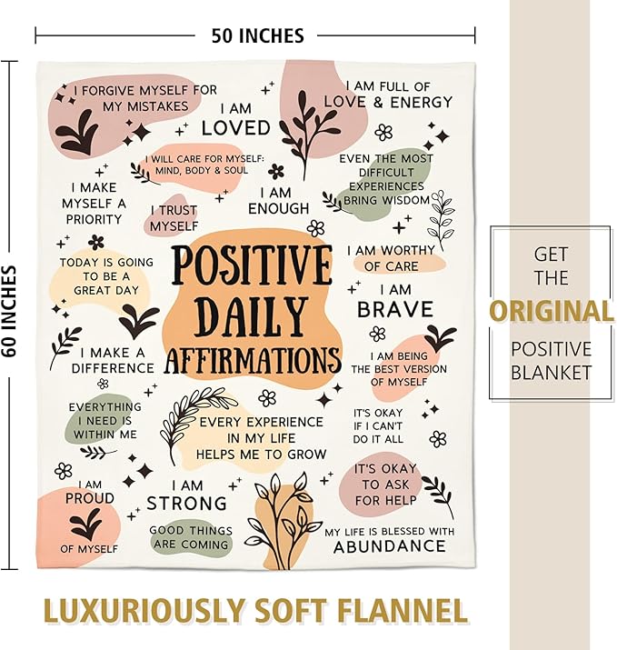 Positive Affirmation Stress Relief Gifts, Soft Blanket with Daily Affirmations Messages, Self Care Motivational Inspirational Encouragement Gifts for Women (50"x 60")