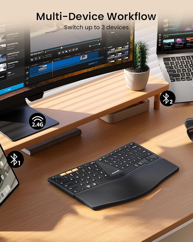 ProtoArc Bluetooth Ergonomic Keyboard, EK04 Mini Compact Wireless Ergo Keyboard with Palm Rest, Split Design, Natural Typing, Bluetooth and USB, Rechargeable, for Windows/Mac - Black