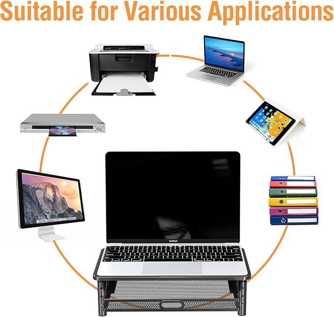 ELIVED 2 Pack Monitor Stand Riser with Drawer, 3 Height Adjustable with Larger Storage Space for Home and Office Supplies, Metal Desktop Stand for Laptop Computer Printer PC iMac