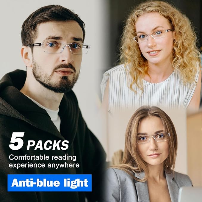 AQWANO 5 Pack Rimless Computer Reading Glasses 1.25 Blue Light Blocking, Lightweight & Comfortable Anti Glare Magnifying Eyeglasses Readers for Women Men, 1.25
