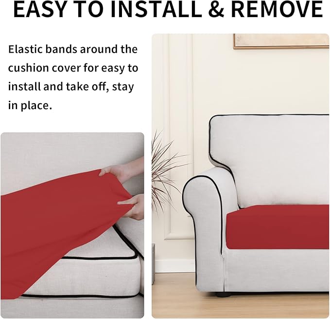 Easy-Going 100% Waterproof Chair Sofa Seat Cushion Slipcovers Couch Cushion Cover Stretch Furniture Protector for Kids, Pets (3-Piece Sofa Cushion, Christmas Red)