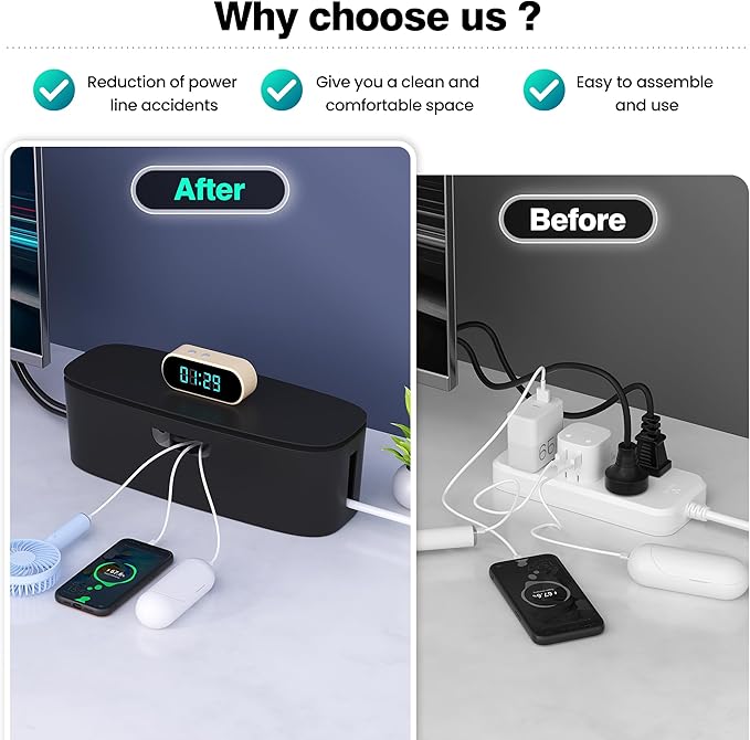 Cable Management Box - Large Cord Organizer Box to Hide Power Strip & Under Desk, TV Computer Wires Cable Organizer Box with Baby Proofs, Desk Cord Organizer for Home/Office - Black