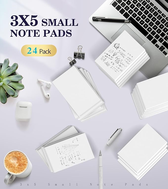 Small Note Pads 3x5 Pocket Notepad, 24 Pack Server Note Pads 3x5, White Memo Pads, Scratch Pads, Small Writing Pads White Paper, 50 Sheets per Blank Pocket Notepads 3x5 Scratch Paper for Work/School
