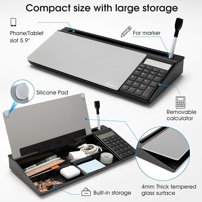Varhomax Glass Desk Whiteboard with Calculator, Desktop Dry Erase White Board with Storage, to Do List Memo Notepad for Home and Office
