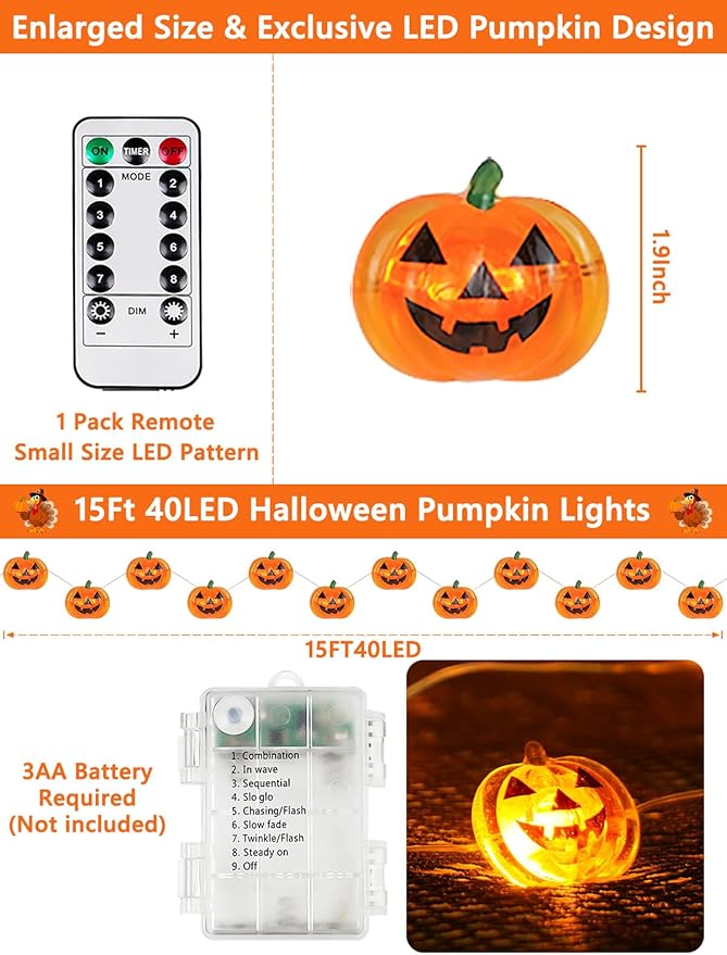 Halloween Fairy Lights Battery Operated 15Ft 40LED Orange Pumpkin String Lights 8 Modes with Remote, Warerproof Twinkle Lights with Timer for Indoor and Outdoor Halloween Decorations for Party Holiday