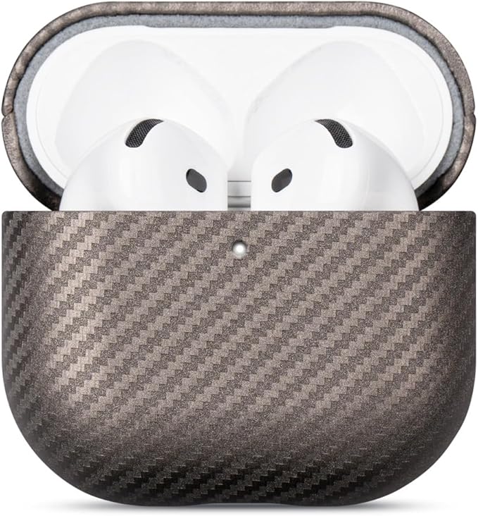 Leather Case for AirPods 4 / AirPods 4 with Active Noise Cancellation Case Cover - Selected Skin-Friendly Leather, Carbon Fibre Texture, Handmade Drop Protective Hard Cover - Desert Titanium