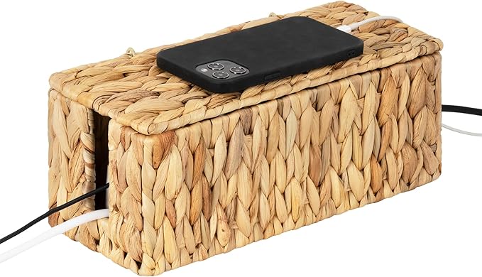 StorageWorks Cable Management Box, 2 Slots Wicker Cable Organizer to Hide Cords and Power Strip, Water Hyacinth Cord Hider Box for Home & Office