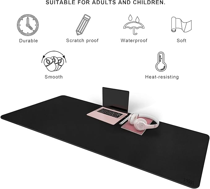 Vyaaa Leather Desk Mat, 63" x 23.6" Leather Desk Pad Protector, Waterproof Extra Large Desk Mat, Large Mouse Pad, Desk Mats on top of Desks for Home or Office (Black)