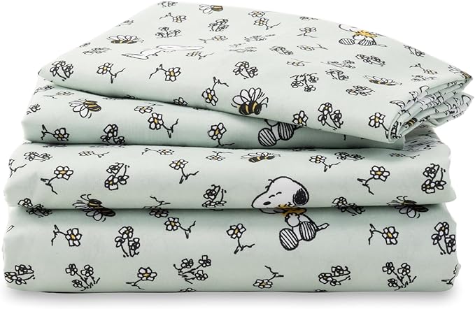 Berkshire Blanket Peanuts® Kids Sheet Set Queen Size - 4 Pieces,Cute Character Snoopy Printed Soft Microfiber Bed Sheets,Mini Snoopy & Woodstock New Flower and Bees Sage