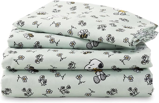 Berkshire Blanket Peanuts® Kids Sheet Set Full Size - 4 Pieces,Cute Character Snoopy Printed Soft Microfiber Bed Sheets,Mini Snoopy & Woodstock New Flower and Bees Sage