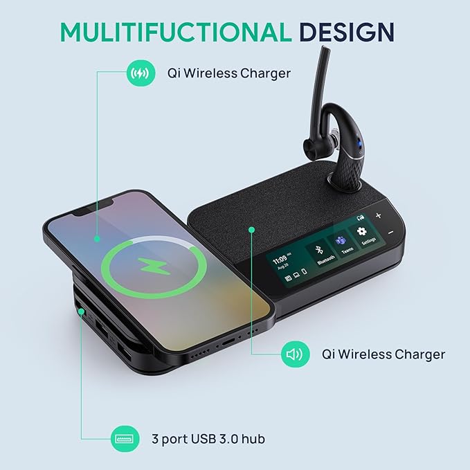 Yealink Bluetooth Headset Workstation, Office Wireless Headset with Mic, Speakerphone, Wireless Charging Pad, Charging Case, USB-C/A Dongle,Connect to Desk Phone, PC, Work with Teams Zoom