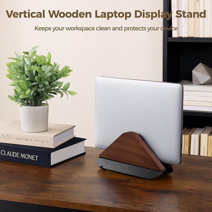 Wooden Vertical Laptop Stand, Adjustable Desktop Holder for Laptop, Tablet, E-Book, Black Walnut Color, Anti-Scratch Silicone Pads, Non-Slip Plastic Base, Max Clamp Thickness 1 in