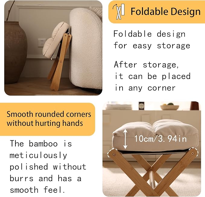 Folding Upholstered Footrest Stool, Small Accent Ottoman with Thick Cotton Cushion & Bamboo X Legs, Modern Padded Sofa Stool for Makeup Bedroom Living Room (Black)