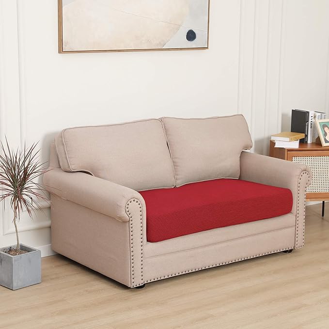 Easy-Going Stretch Loveseat Cushion Cover Sofa Cushion Furniture Protector Sofa Seat Sofa Slipcover Sofa Cover Soft Flexibility with Elastic Bottom(Loveseat Cushion, Christmas Red)