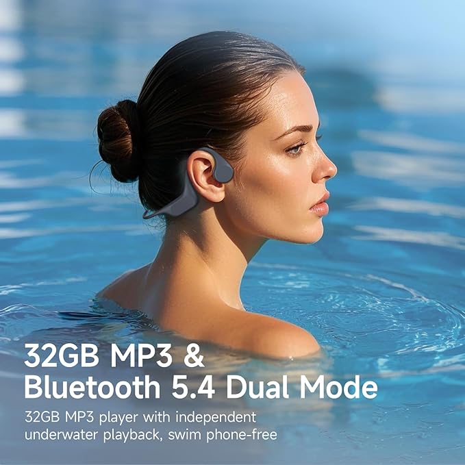 LOBKIN Swimming Headphones Bone Conduction Headphones - Bluetooth 5.4 Built-in MP3 32G Memory IP68 Waterproof Headphone for Swimming Surfing, Running, Cycling