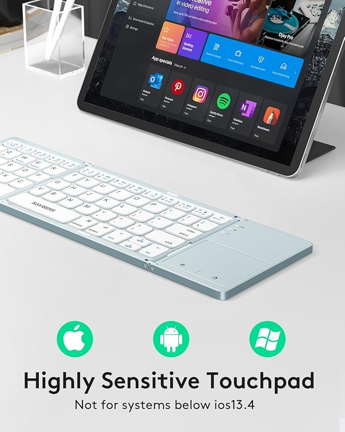 Samsers Foldable Bluetooth Keyboard with Touchpad - Portable Wireless Keyboard with Holder, Rechargeable Full Size Ultra Slim Pocket Folding Keyboards for Android Windows iOS Tablet & Laptop - Blue