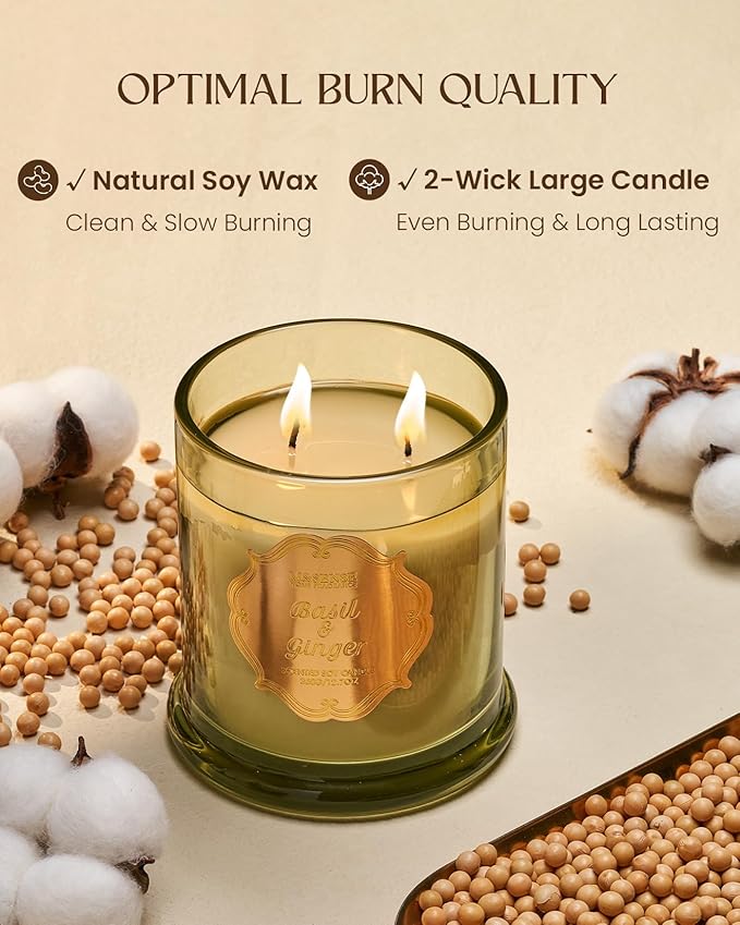 M&SENSE Basil Ginger Scented Candles, Plant-Based Soy Candles Non Toxic Soot-Free, Relaxing Air Purifying Stress Relief on Bathtub, 2 Wick 12.7oz Large Jar Candle 75 Hour Long Lasting, Father Gifts