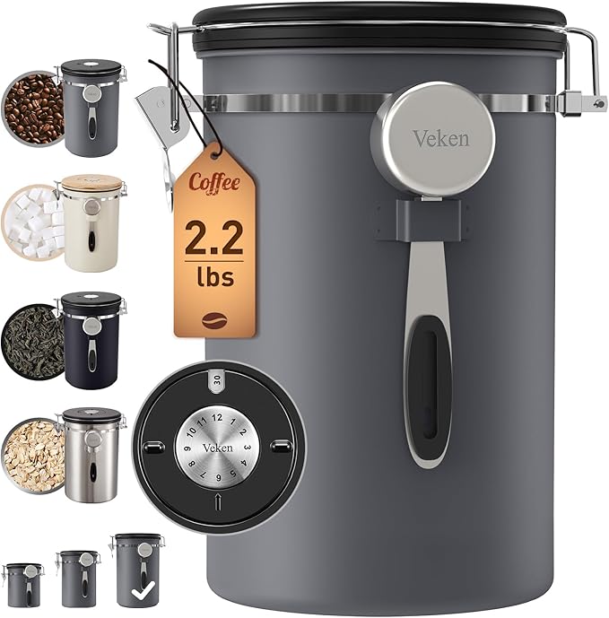 Veken Coffee Canister, 39OZ Large, Airtight Stainless Steel Food Storage Container for 2.2lbs Coffee Beans, Ground, Sugar, Tea, Flour, Cereal, Kitchen Bar Accessories with Date Tracker & Scoop, Gray