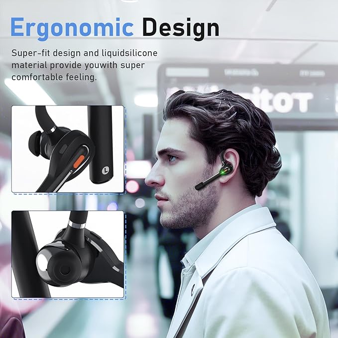 Single Ear Bluetooth Headset with Dual Mic, 50dB AI ENC Call Background Noise Cancelling Wireless Earpiece for Trucker Driver, Business Office, Home Work