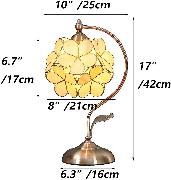 Bieye L10754 Tiffany Style Stained Glass Flower Petal Table Lamp with Brass Base for Home Décor (Cream, 8" Cherry Blossom)