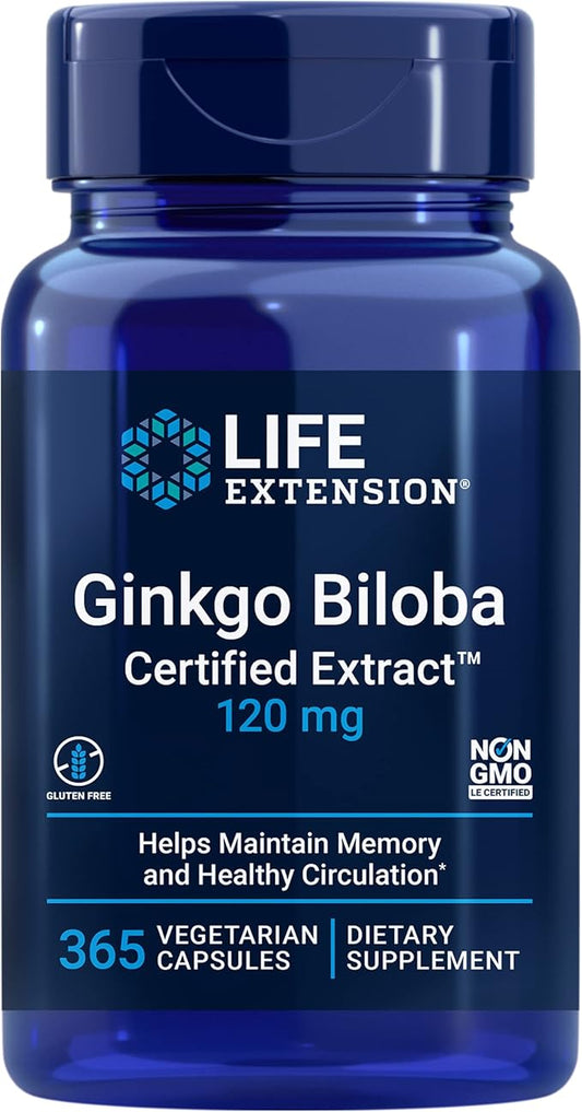 Life Extension Ginkgo Biloba Certified Extract™, 120 mg, Helps Maintain Memory & cognition, Gluten-Free, Non-GMO, Vegetarian, 365 Capsules