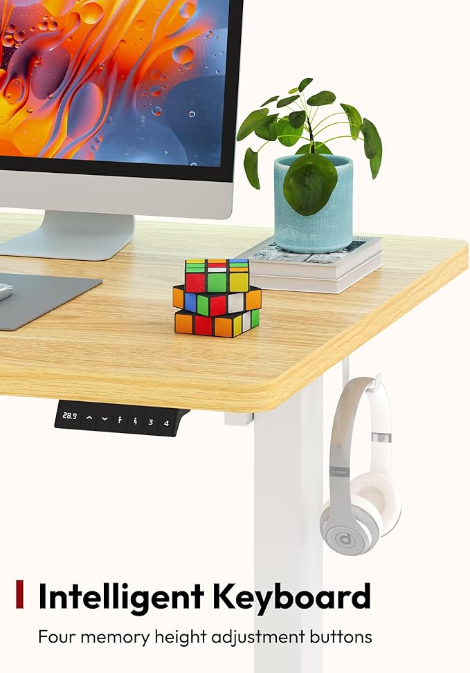 SANODESK Electric Standing Desk 60 x 24 Inches Whole-Piece Desktop Height Adjustable Stand Up Desk w/6-Button Controller Ergonomic Computer Desk for Home Office, White Frame + Natural Tabletop