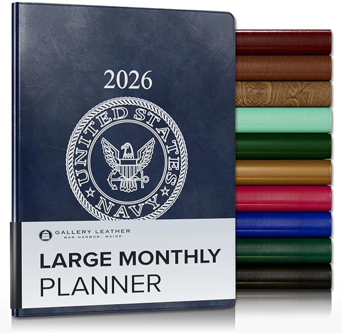 Gallery Leather Large Monthly Planner 2025-2026, Elegantly Bound Calendar Planner and Notebook with Stylish Gold-Gilded Page Edges, 18 Months - Acadia Navy - US Navy - 9.75x7.5"