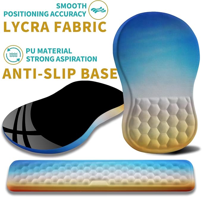 Hokafenle 2 in 1 Ergonomic Mouse Pad Wrist Support & Wrist Rest for Computer Keyboard Set, with Relieve Carpal Tunnel Pain Massage Bulge and Full Memory Gel Design (2In1 Set, Morning Sky)