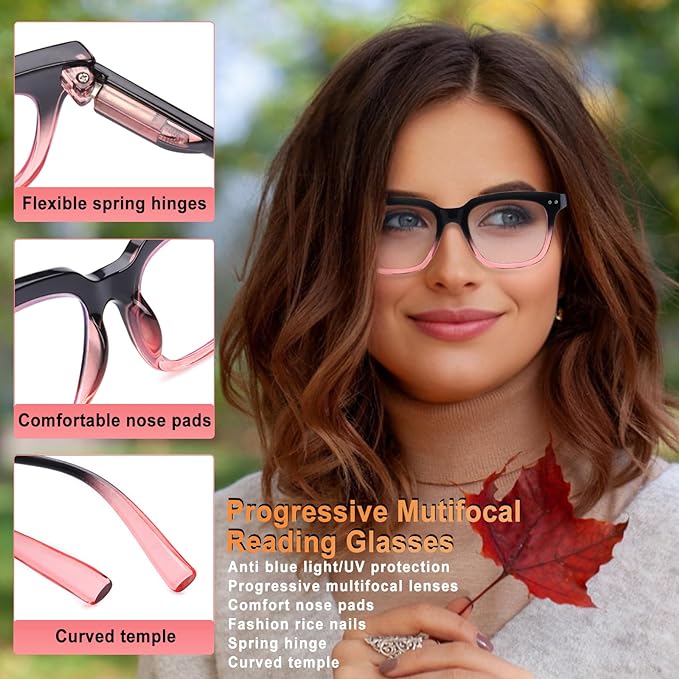 Progressive Multifocus Reading Glasses for Women Men Blue Light Blocking Spring Hinge Square Computer Readers