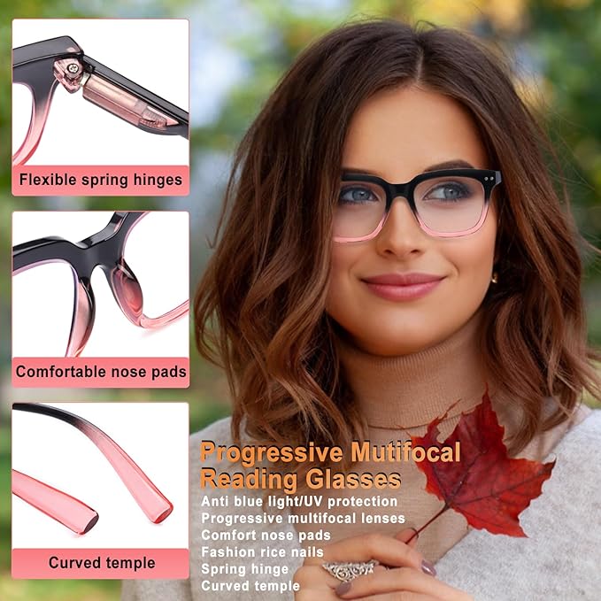 Progressive Multifocus Reading Glasses for Women Men Blue Light Blocking Spring Hinge Square Computer Readers